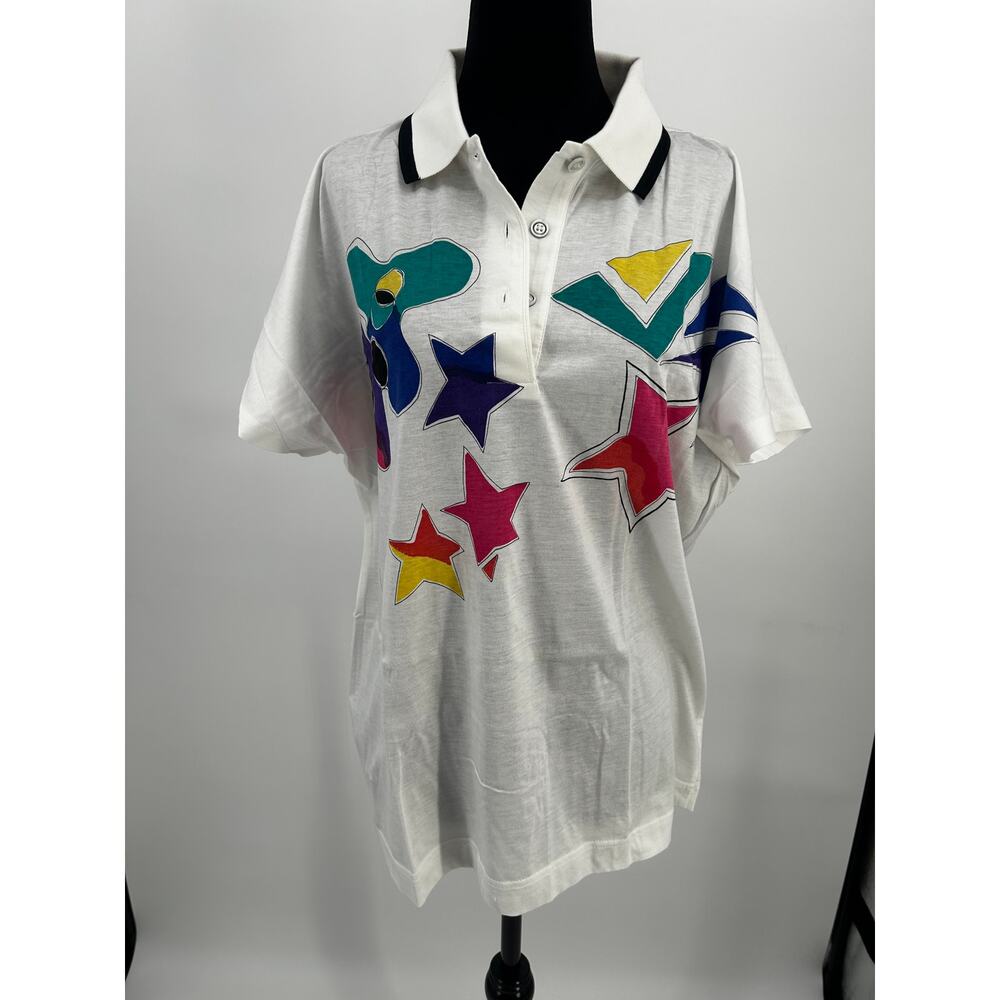 Fila Vintage Women's Polo Shirt Sz 12 NWT 80s Graphic Stars White La Costa